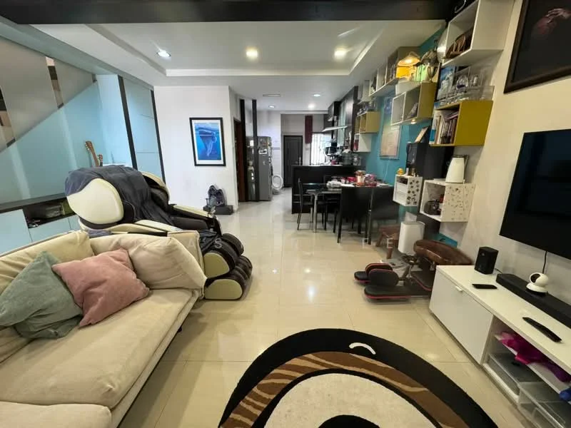 Living features: cream painted walls, white ceiling, recessed downlights, large windows, floor-to-ceiling windows, light-colored tiled flooring, 3-seater fabric sofa in cream, decorative throw pillows, area rug with abstract pattern, TV console, wall-mounted TV, open shelving with decorative items, dining table with chairs, kitchen area visible in background, bar stools at counter; style: modern.