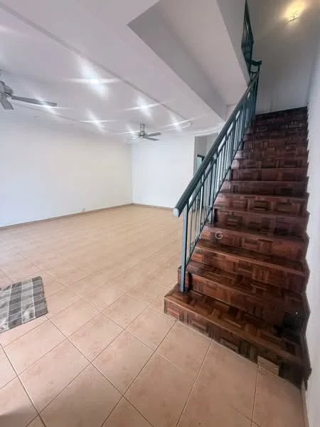Living features: ceramic tile flooring, wooden staircase, 2 ceiling fans, white painted walls, recessed downlights, large open space, area rug, natural light from windows; style: modern.