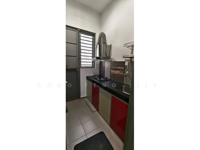 Kitchen features: black countertop, red cabinetry, grey cabinetry, stainless-steel gas hob, stainless-steel range hood, sink, tile flooring, window with metal grille, wall-mounted shelves; style: modern.