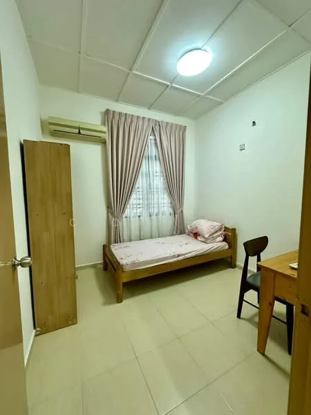 Bedroom features: single bed, wooden bed frame, light-colored bedding, wooden chair, wooden table, built-in wardrobe, floor-to-ceiling window, curtains, wall-mounted split AC, tile flooring, white painted walls, ceiling light; style: minimalist.