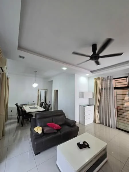 Living features: 3-seater leather sofa in dark brown, coffee table with white surface, 5-blade ceiling fan with light, recessed downlights, white tiled flooring, curtains in beige, wall-mounted TV, decorative wall panel, area rug with geometric pattern; style: modern. Dining features: 6-seater dining table, black dining chairs, pendant light above dining table, white cabinetry, open layout to living area; style: modern.