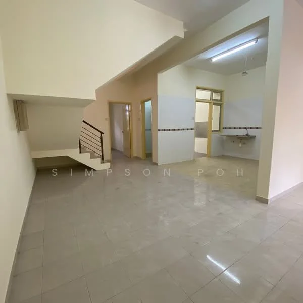Room features: white painted walls, glossy ceramic tile flooring, staircase with metal railing, ceiling light fixture, open layout, doorway leading to kitchen, doorway leading to hallway, large windows for natural light; style: modern.
