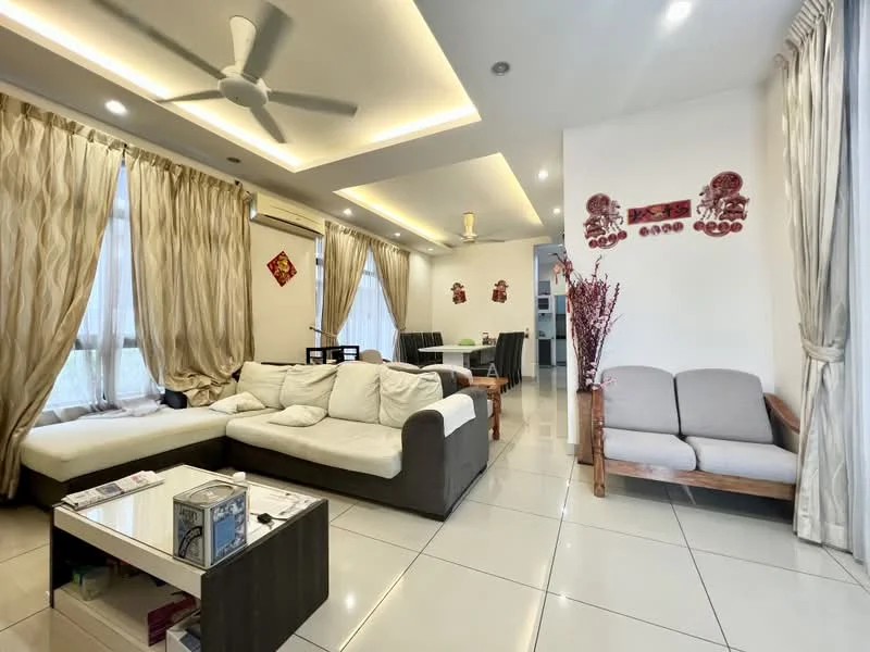 Living features: L-shape sectional sofa in white and brown, coffee table, wall-mounted TV, ceiling fan with integrated LED light, recessed downlights, cream curtains, grey accent wall, white painted walls, glossy tile flooring, decorative wall art, dining area visible in background, wooden armchair; style: modern.