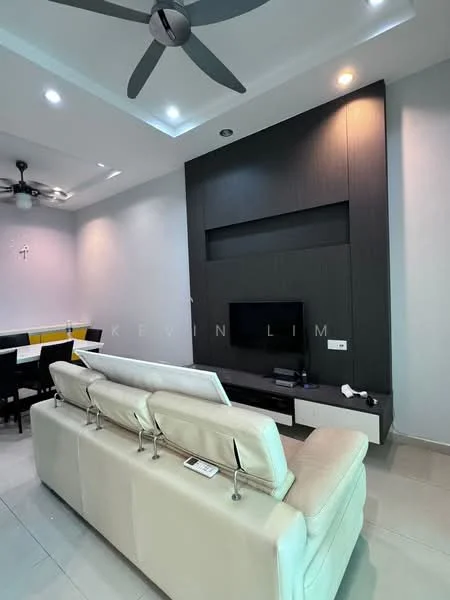 Living features: 3-seater leather sofa in white, wall-mounted TV, TV console with storage, dark wood feature wall, recessed ceiling lights, ceiling fan with light, marble tile flooring, neutral painted walls, decorative wall paneling; style: modern.