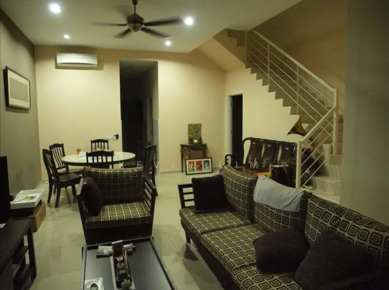 Living features: 3-seater fabric sofa with geometric pattern, 2-seater fabric sofa with geometric pattern, coffee table, wall-mounted TV, ceiling fan, recessed LED downlights, cream painted walls, tile flooring, decorative artwork on walls, open staircase, dining table with chairs, air conditioning unit; style: modern.