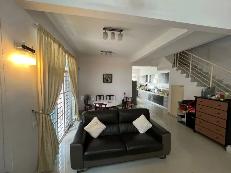 Living features: 3-seater leather sofa in black, 2 white decorative cushions, floor-to-ceiling windows with sheer curtains, white painted walls, recessed downlights, tile flooring, wall-mounted light fixture, open layout to dining area, staircase visible in background; style: modern. Kitchen features: kitchen cabinetry, countertop, stainless-steel appliances, open layout to living area; style: modern.