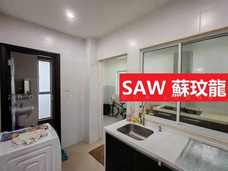 Kitchen features: white tiled walls, light-colored countertop, single-bowl stainless-steel sink, chrome pull-down faucet, black cabinetry, built-in stove, window with view, washing machine, refrigerator, kitchen utensils on countertop; style: modern. Room features: white tiled walls, light-colored flooring, doorway leading to bathroom, window with natural light.