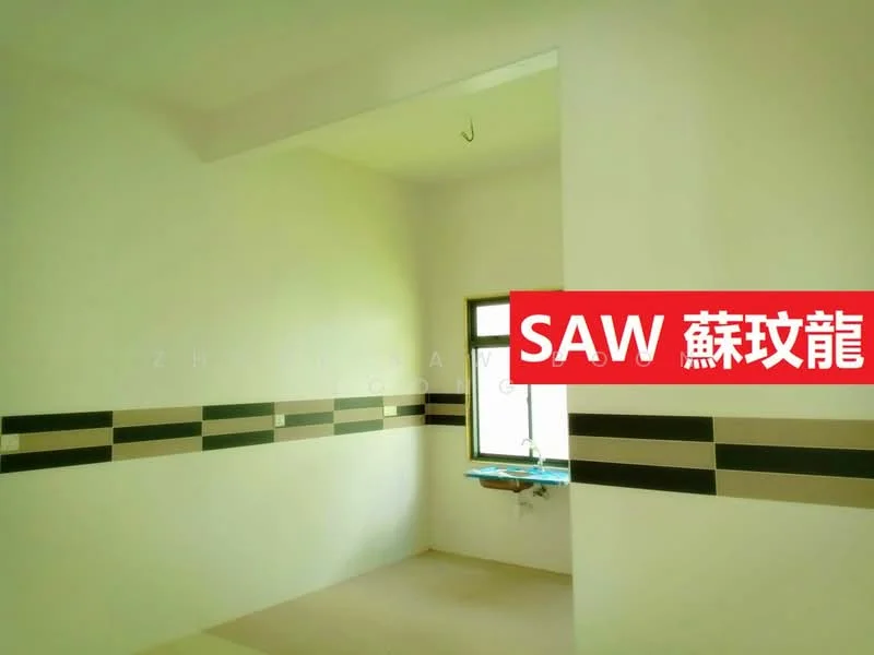 Room features: white painted walls, light beige flooring, window with black frame, sink with faucet, horizontal striped wall tiles in black and cream, ceiling hook.