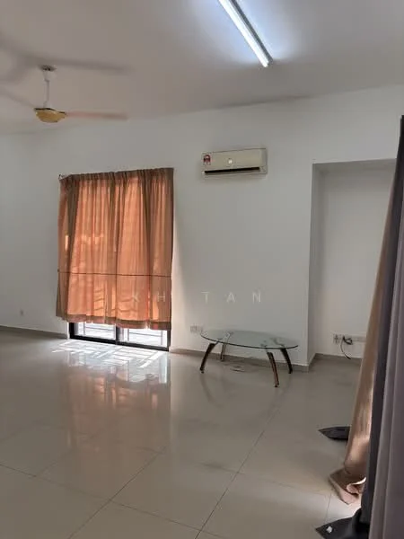 Living features: cream painted walls, glossy tile flooring, 5-blade ceiling fan with light, floor-to-ceiling windows, sheer curtains, glass coffee table, air conditioning unit, natural light from windows; style: modern.
