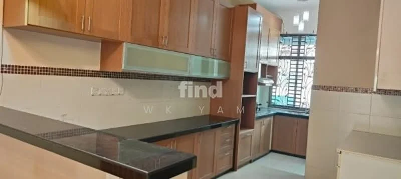 Kitchen features: brown wooden cabinetry, black granite countertop, white tiled backsplash, stainless-steel sink, chrome pull-down faucet, built-in oven, freestanding range oven, window with metal grille, recessed downlights, ceramic tile flooring; style: modern.