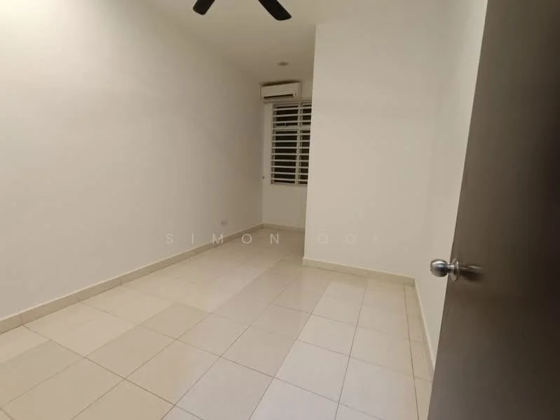 Room features: white painted walls, tile flooring, ceiling fan, window with blinds, air conditioning unit, light fixture, door with handle, neutral color scheme; style: modern.