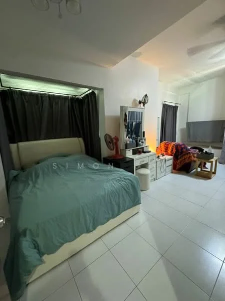 Bedroom features: king-size bed with light blue bedding, upholstered headboard, white bedside table, table lamp on bedside table, dressing table with mirror, fan on dressing table, wooden side table, sofa with orange and purple throw, grey curtains, white tiled flooring, ceiling fan, wall-mounted mirror; style: modern.