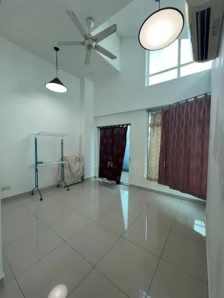 Room features: white painted walls, glossy ceramic tile flooring, 5-blade ceiling fan with light, hanging pendant light, floor-to-ceiling windows, curtains in dark maroon and light brown, clothes rack, air conditioning unit; style: modern; view: city.