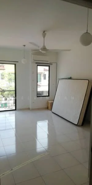 Room features: white painted walls, glossy tile flooring, ceiling fan, large window with view, sliding glass door, natural light, light fixture, mattress leaning against wall; style: modern.
