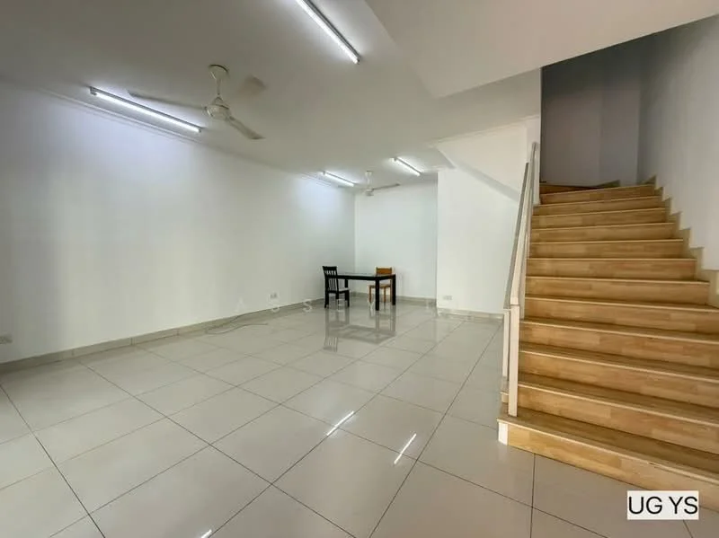 Room features: white painted walls, glossy ceramic tile flooring, recessed ceiling lights, 2 ceiling fans, staircase with wooden steps, open layout, dining table, black dining chairs; style: modern.