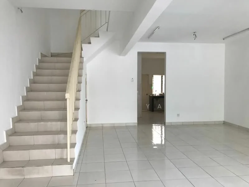 Living features: white painted walls, tile flooring, staircase with wooden railing, large windows for natural light, open layout, neutral color scheme, recessed ceiling lights, no visible furniture; style: modern. Room features: white painted walls, tile flooring, doorway leading to kitchen, no visible furniture.