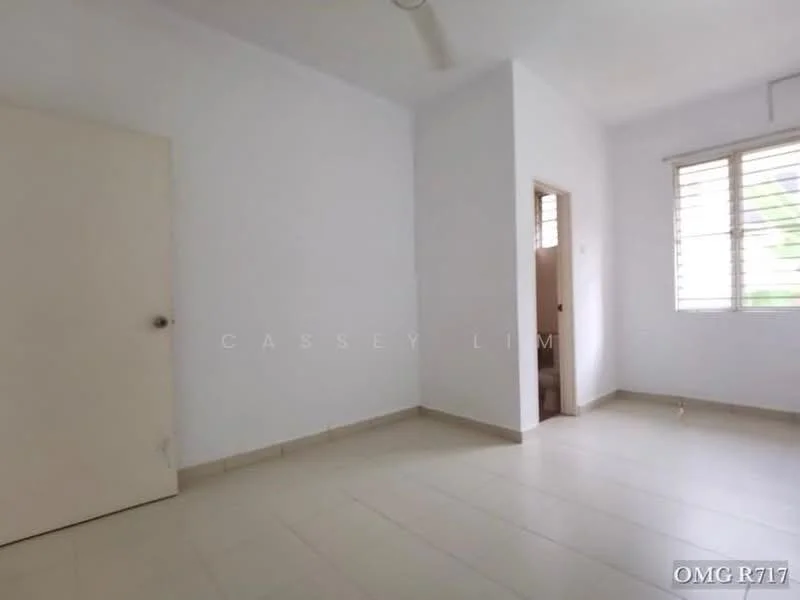 Room features: white painted walls, light-colored floor tiles, window with horizontal blinds, single door, ceiling fan, corner of a bathroom visible, natural light from window.