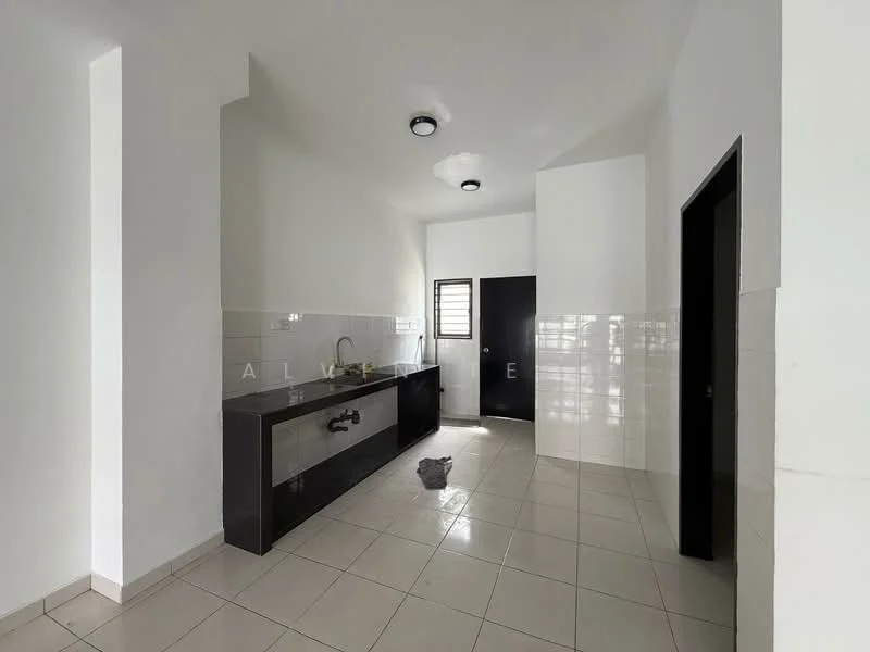 Kitchen features: black granite countertop, single-bowl stainless-steel sink, chrome pull-down faucet, white tiled backsplash, white painted walls, ceramic tile flooring, recessed downlights, wall-mounted cabinets, window for natural light, door leading to outside, black door, light-colored ceiling; style: modern.