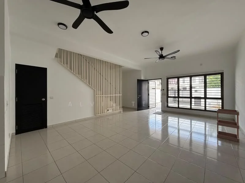 Living features: white painted walls, glossy tile flooring, 2 ceiling fans, large windows with horizontal bars, double-door entrance, staircase with wooden railing, open layout, natural light, neutral color scheme; style: modern.