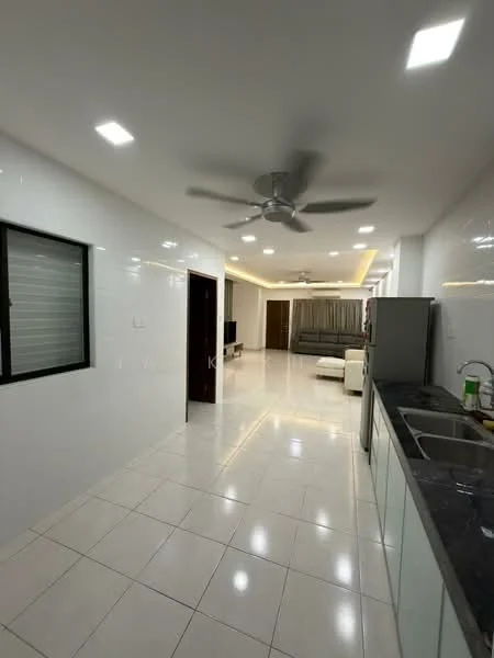 Room features: white painted walls, glossy tile flooring, recessed LED downlights, 5-blade ceiling fan, black countertop, stainless-steel sink, kitchen cabinetry, living area with sofa, TV console, large window, open layout; style: modern.