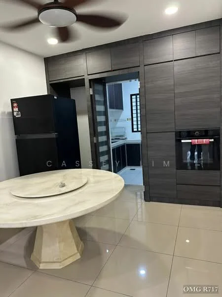 Kitchen features: black refrigerator, built-in oven, marble dining table, grey cabinetry, white tiled backsplash, ceramic tile flooring, recessed downlights, ceiling fan, open layout, window for natural light, doorway to utility area; style: modern.