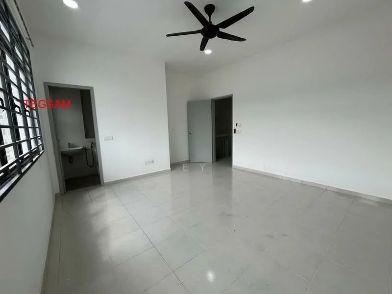 Room features: white painted walls, grey tiled flooring, ceiling fan, recessed downlights, window with black metal grille, door leading to bathroom, door leading to hallway, no visible furniture; style: minimalist.