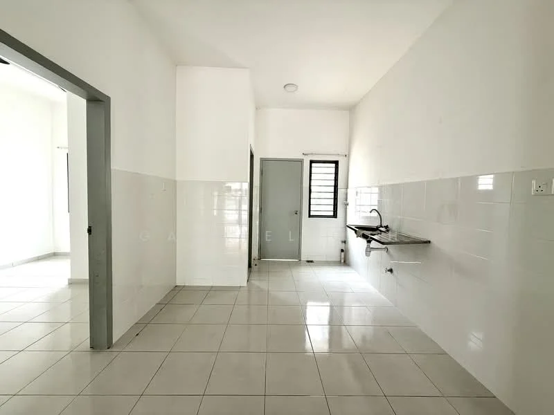 Room features: white painted walls, glossy white tile flooring, single window with black grille, grey door, wall-mounted sink with tap, countertop, open layout, bright natural light; style: minimalist.
