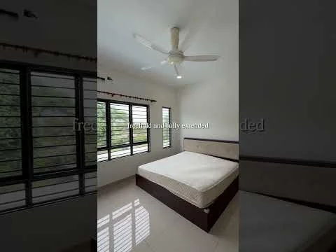 Bedroom features: white painted walls, glossy tile flooring, 5-blade ceiling fan, large windows with black frames, window treatments, queen-size bed base, mattress, built-in wardrobe; style: modern; view: garden.