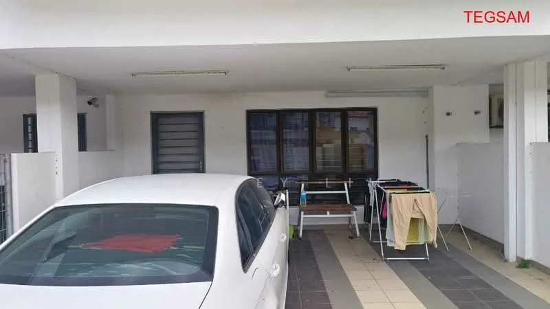 Exterior type: car porch; features: covered car porch, grey tiled flooring, white painted walls, windows with grilles, clothes drying rack, laundry hanging area, single car space, lighting fixtures on ceiling; style: modern.