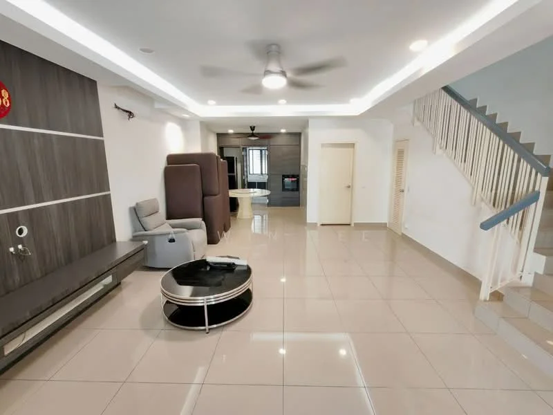 Living features: grey accent wall, white painted walls, recessed downlights, 5-blade ceiling fan with light, large floor tiles, black coffee table, grey recliner chair, TV console, open layout, staircase with white railing; style: modern.