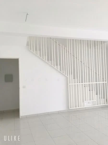 Room features: white painted walls, white ceiling, tile flooring, staircase with white railing, open space layout, natural light from windows, minimalist decor; style: modern.