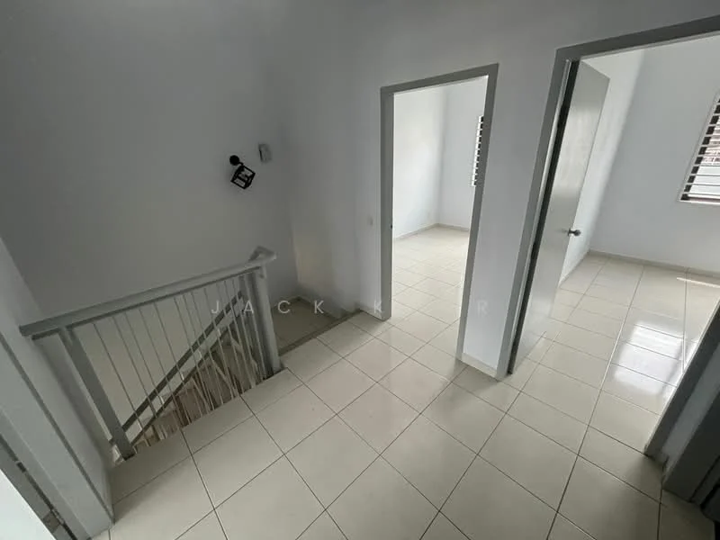 Room features: white painted walls, tile flooring, staircase with railing, doorway leading to another room, window with blinds, light fixture on wall, neutral color scheme; style: modern.