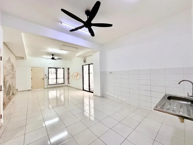 Room features: white painted walls, glossy white tile flooring, 2 ceiling fans, sliding glass door, window with security bars, stainless-steel sink, kitchen countertop, recessed lighting; style: modern.