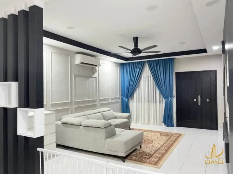 Living features: grey fabric sectional sofa, area rug with geometric pattern, white painted walls, black accent ceiling, 5-blade ceiling fan with light, floor-to-ceiling windows with sheer curtains, blue drapes, wall-mounted split AC, decorative wall paneling, white tiled flooring, black front door; style: modern.