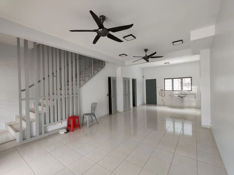 Living features: white painted walls, glossy ceramic tile flooring, 2 ceiling fans with light, staircase with metal railing, large windows for natural light, open layout, wall-mounted sink, door to utility area, grey door, 1 plastic chair, 1 red plastic chair; style: modern.
