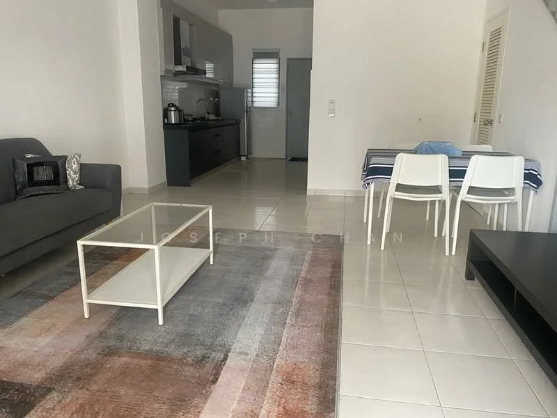 Living features: grey fabric sofa, coffee table with white frame, area rug with geometric pattern, wall-mounted TV, white dining table with four chairs, tile flooring, recessed downlights, kitchenette with cabinets, stainless-steel kettle, window with blinds; style: modern.