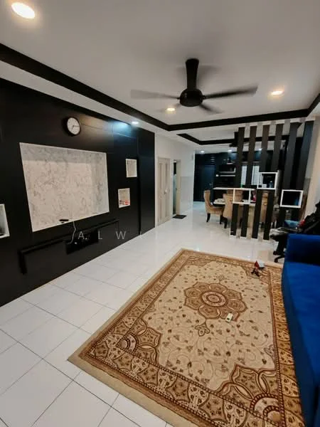 Living features: white tiled flooring, black accent wall, marble feature wall, 5-blade ceiling fan with light, wall clock, area rug with intricate pattern, blue fabric sofa, TV console, recessed lighting, open layout to dining area, decorative wall panels; style: modern.
