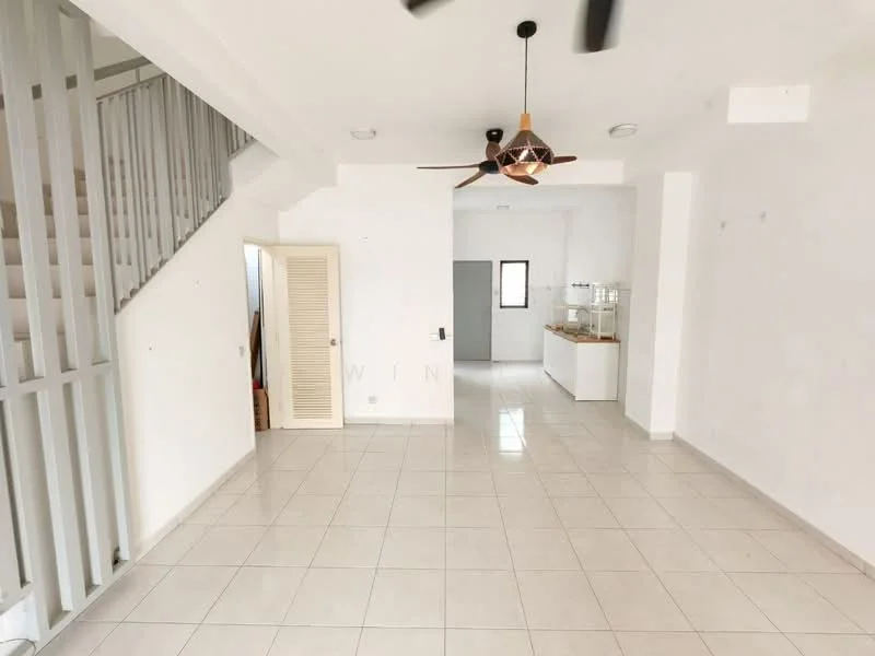 Living features: white painted walls, tile flooring, 5-blade ceiling fan with light, recessed downlights, open layout, large window, staircase with railing, built-in cabinetry, neutral color scheme; style: modern. Kitchen features: white cabinetry, countertop, open layout, kitchen island, built-in shelving; style: modern.