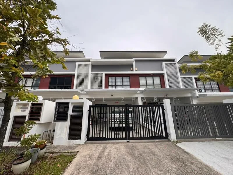Exterior type: linked terrace house; features: grey painted facade, red accent wall, recessed balconies, metal gate, glass windows, concrete driveway, landscaped front garden, security gate, two-storey structure; style: modern.