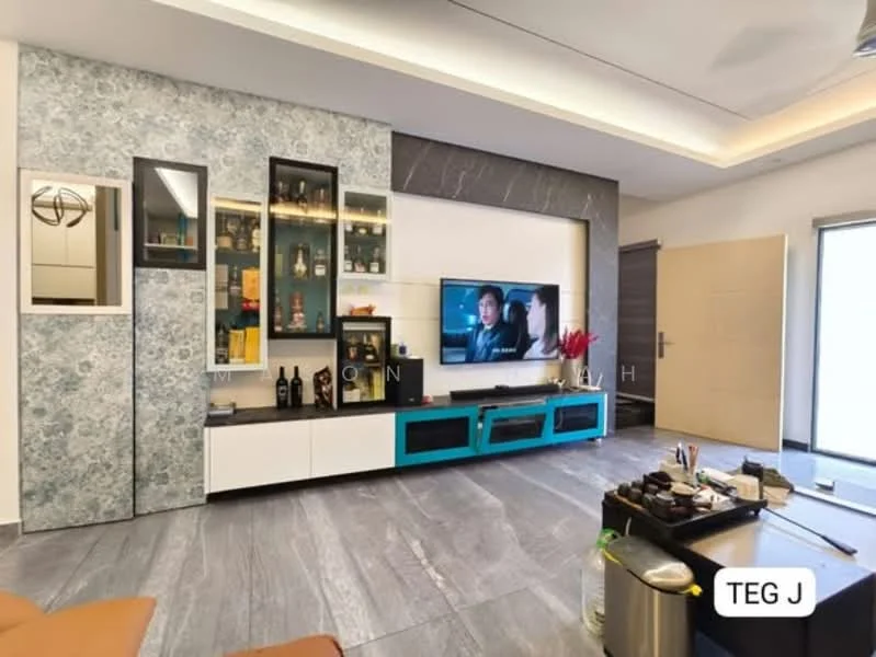 Living features: grey marble tile flooring, feature wall with blue floral wallpaper, white cabinetry with glass display shelves, black TV console, wall-mounted TV, decorative items on shelves, recessed lighting, large sliding glass door, curtains, coffee table, sofa, decorative plants; style: modern.