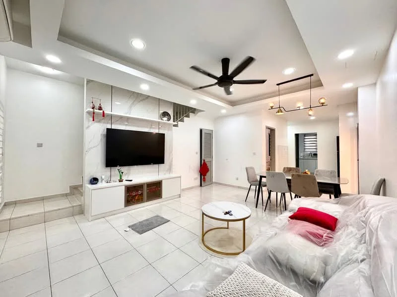 Living features: white painted walls, marble accent wall, recessed downlights, 5-blade ceiling fan with light, large wall-mounted TV, white TV console with glass doors, light grey floor tiles, area rug, sofa with throw pillows, coffee table with gold base, dining area with 6 chairs, staircase leading to upper floor; style: modern. Dining features: 6-seater dining table, upholstered dining chairs, pendant lighting above dining table; style: modern.