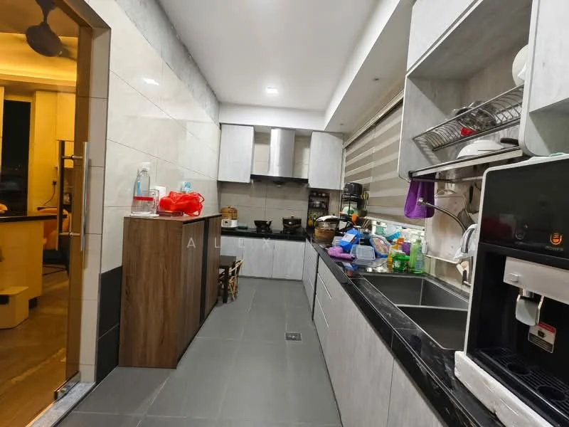 Kitchen features: grey cabinetry, black countertop, double-bowl stainless-steel sink, chrome pull-down faucet, built-in oven, freestanding range oven, microwave, kettle, toaster, dishwasher, ceramic tile flooring, wall-mounted shelves, window with blinds, recessed downlights, open shelving, decorative items on countertop; style: modern.