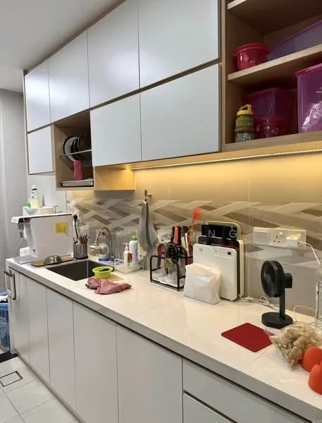 Kitchen features: white cabinetry with flat-panel doors, light-colored countertop, single-bowl stainless-steel sink, chrome pull-down faucet, built-in appliances including microwave and toaster, kitchen utensils and containers on countertop, under-cabinet lighting, open shelving with storage containers, wall-mounted fan, tile backsplash with geometric pattern; style: modern.