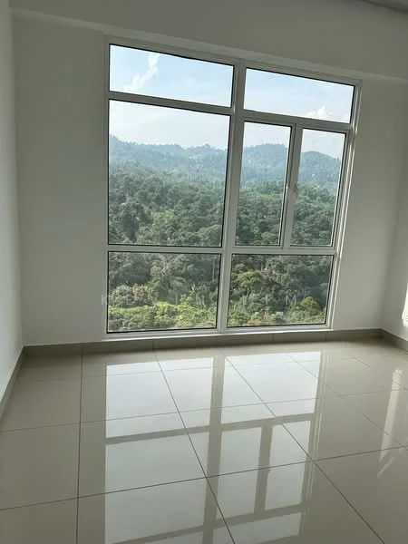 Room features: large floor-to-ceiling windows, white painted walls, glossy ceramic tile flooring, mountain view; style: modern; view: mountain.