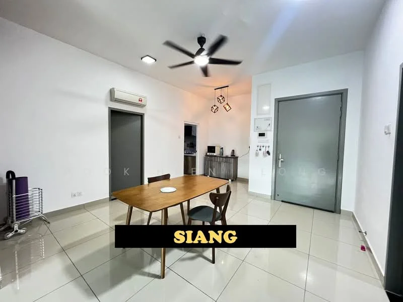 Dining features: 4-seater wooden dining table, white walls, glossy ceramic tile flooring, 5-blade ceiling fan with light, wall-mounted split AC, recessed LED downlights, kitchenette area visible, grey door, open layout; style: modern. Room features: white walls, glossy ceramic tile flooring, grey door, recessed LED downlights.