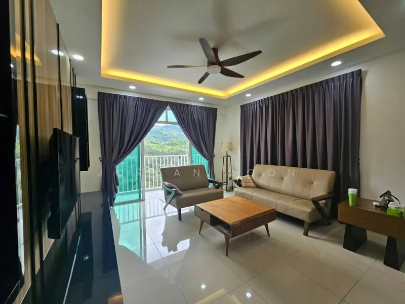 Living features: 3-seater leather sofa in beige, coffee table, TV console, wall-mounted TV, floor-to-ceiling windows, curtains in dark grey, recessed downlights, ceiling fan with light, polished tile flooring, accent wall with wood paneling, decorative lamp, greenery view from window; style: modern; view: mountain.
