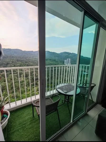 Balcony features: glass sliding door, green artificial grass flooring, round glass-top table, two wicker chairs, mountain view, railing, potted plant; style: modern; view: mountain.