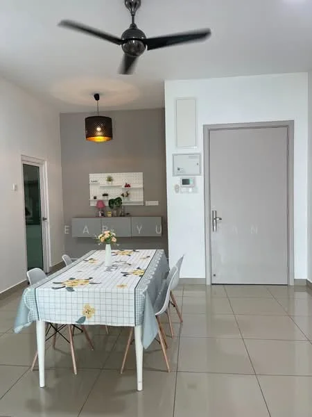 Dining features: 6-seater dining table with checkered tablecloth, white dining chairs, ceiling fan with light, grey accent wall, kitchen cabinetry in grey, white wall, tile flooring, decorative wall shelf, flower vase on table, door to hallway; style: modern.