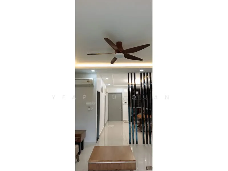 Room features: 5-blade ceiling fan with light, recessed LED downlights, white painted walls, glossy tile flooring, open layout, wooden coffee table, black vertical slats, doorway leading to another room; style: modern.
