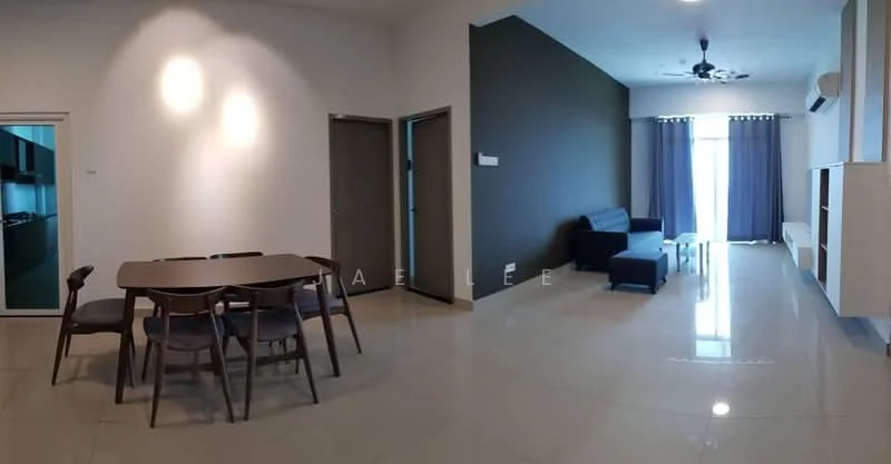 Living features: grey accent wall, cream painted walls, floor-to-ceiling windows, sliding glass door, curtains, ceiling fan, sofa, coffee table, TV console, area rug, dining table, upholstered dining chairs; style: modern.